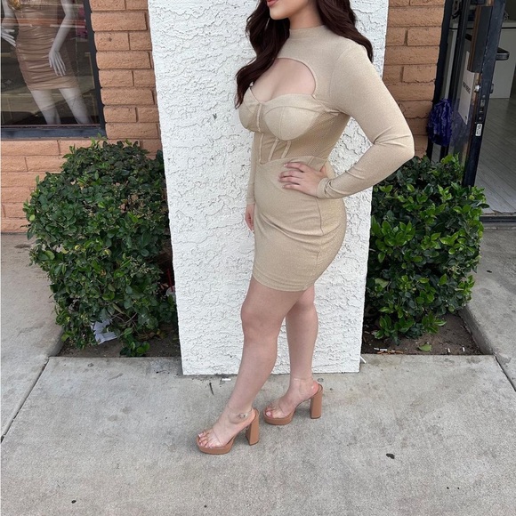 @shopgivenchic on instagram 
Nude dress holiday bodycon longsleeve satin ruched - Picture 2 of 3